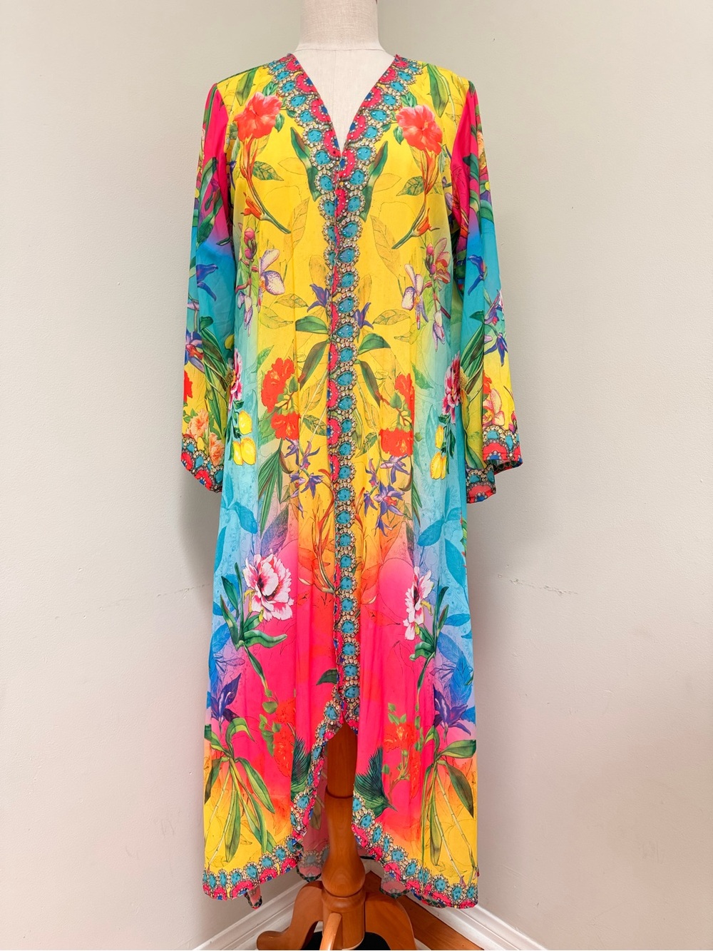Ranee’s Women’s Floral Duster Kimono Cover Up Size Large Colorful Boho Resort
